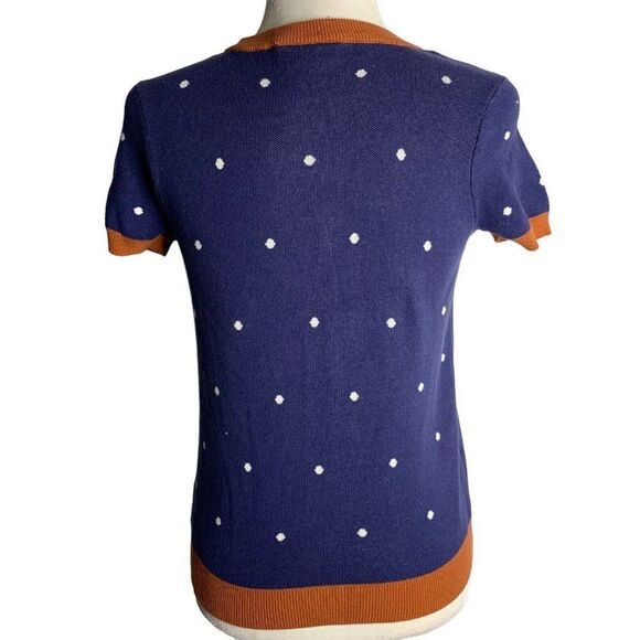ModCloth Short Sleeve Cardigan Sweater XS Blue Knit Polka Dot Buttons Round Neck - Picture 4 of 6